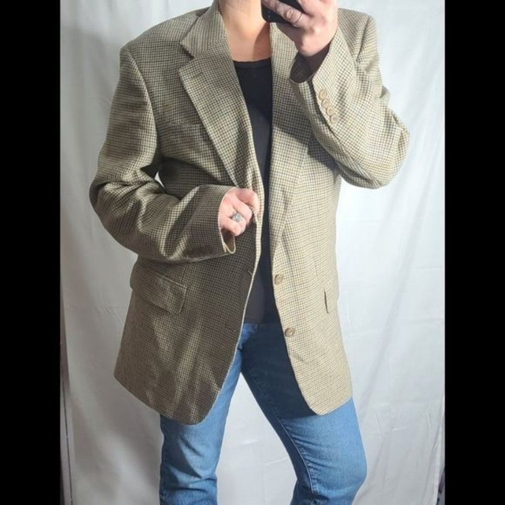 Vintage Oscar de la Renta Silk Wool Linen Tan Houndstooth Classic Blazer